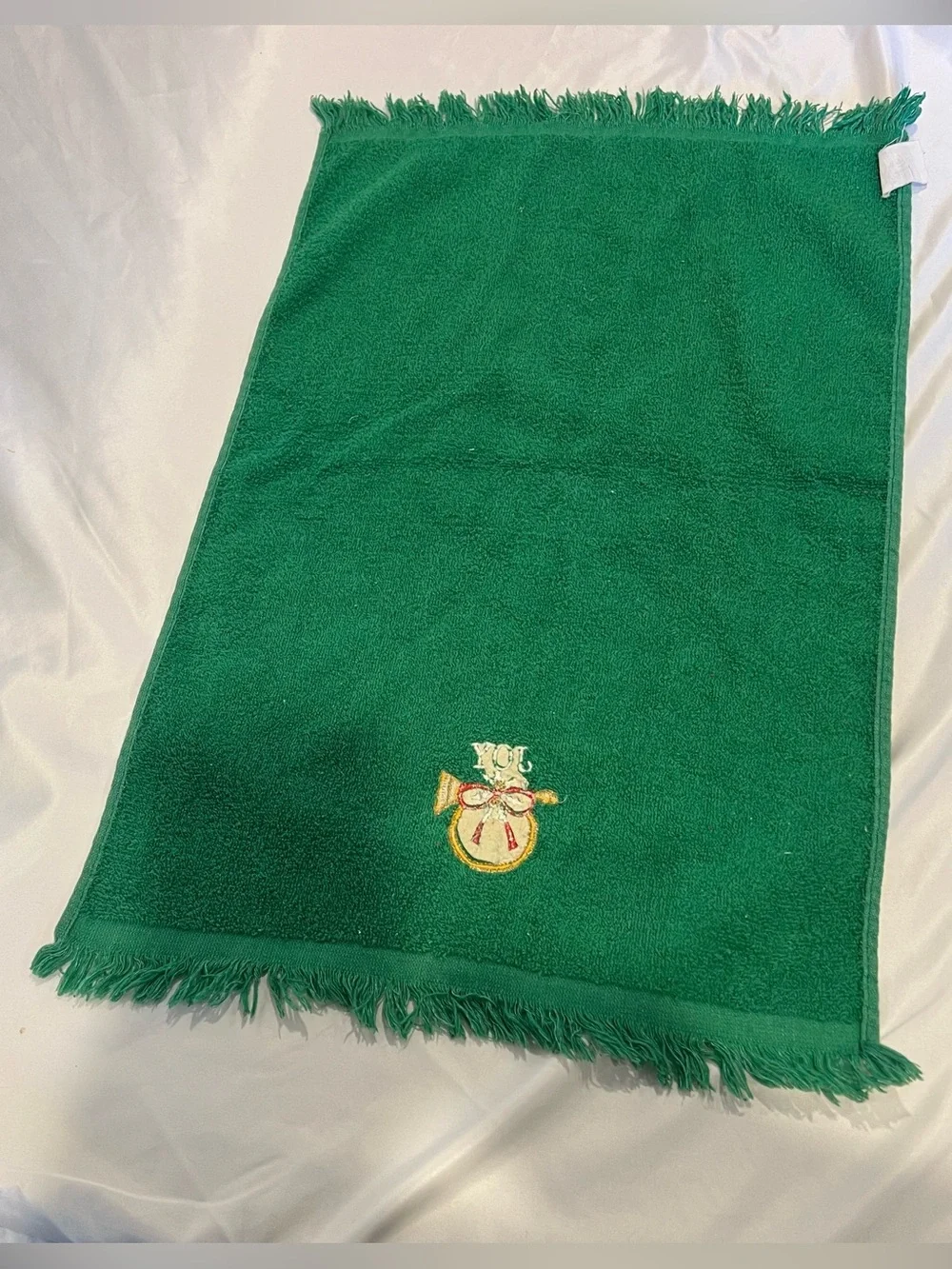 Vintage Cannon Christmas Hand Towel Green JOY Horn Embroidered Fringe Cotton